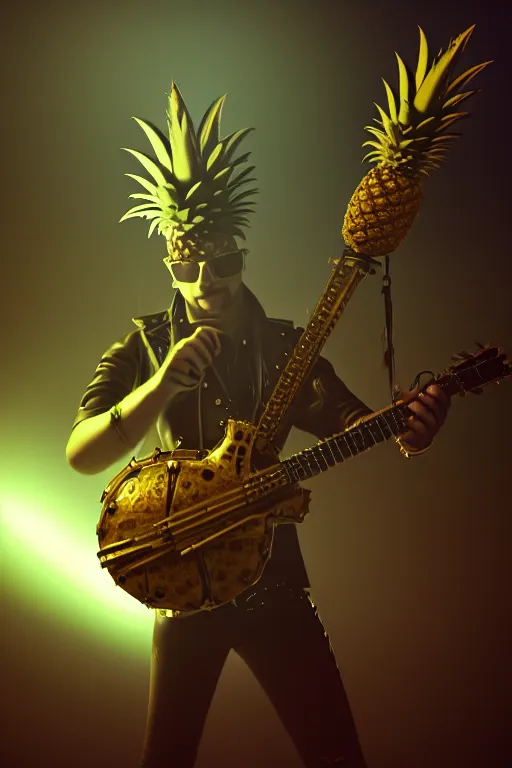 Prompt: a steampunk pineapple, playing electric guitar at a night club, focus on the musicians, cinematic lighting, exaggerated detailed, unreal engine, octane render, trending on artstation, art by greg rutkowski, 4 k