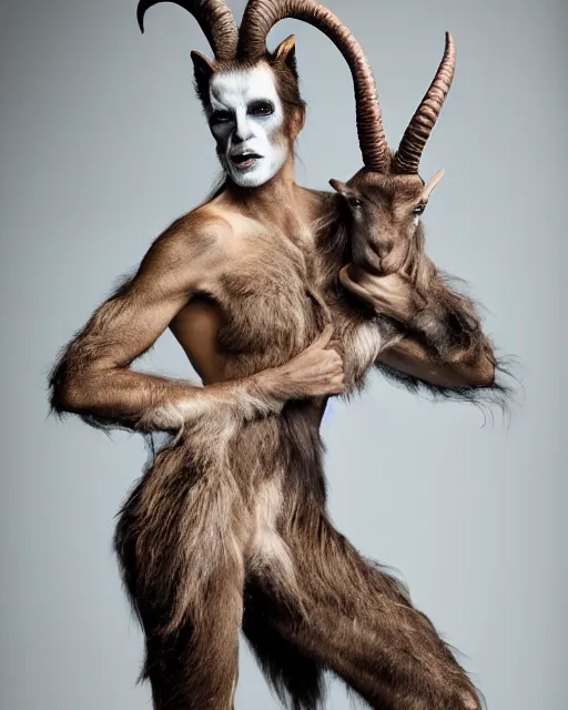 Prompt: Juliana Awada in Elaborate Pan Satyr Goat Man Makeup and prosthetics designed by Rick Baker, Hyperreal, Head Shots Photographed in the Style of Annie Leibovitz, Studio Lighting