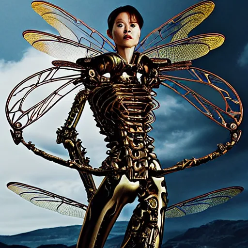 Image similar to still frame from Prometheus movie by Makoto Aida by malczewski, biomechanical dragonfly angel gynoid, metal couture by neri oxmn and Guo pei, editorial by Malczewski and by Caravaggio