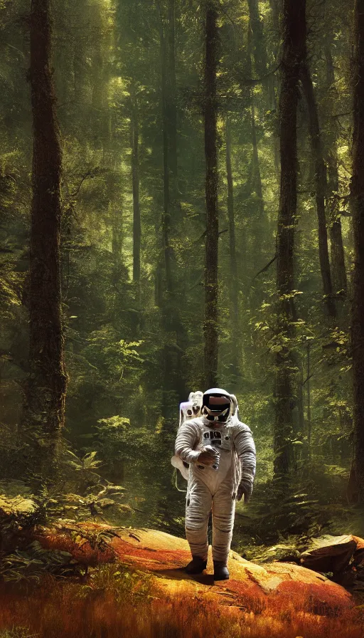 Image similar to american astronaut in the forest wearing a designer suite, plants environment wide angle cinematic lighting atmospheric realistic octane render highly detailed, octane render, in the style of craig mullins