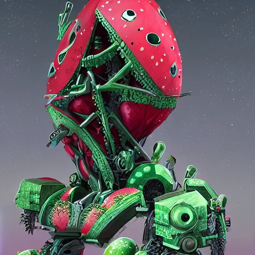 Prompt: Very very very very highly detailed sci-fi Watermelon war machine. Realistic Concept digital art in style of Hiromasa Ogura Gost in the shell, more watermelon a bit less war machine, epic dimensional light