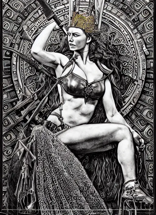 Image similar to warrior queen boudica, pulp art painting in a mixed style of mort kunstler and maxfield parrish, intricate, hyper detailed, stunning inking lines, 4 k, hd, award winning, photorealistic