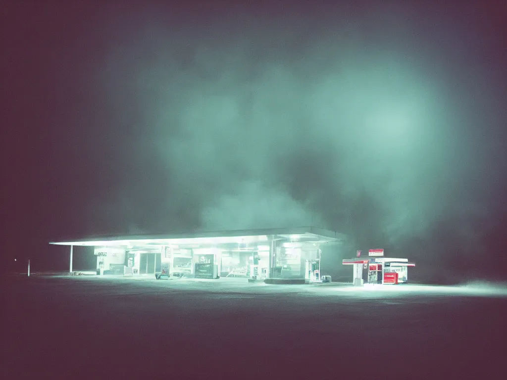 Image similar to “35mm film photography of gas station surrounded by forest, fog, night, mood, cinestill 800t, grain”