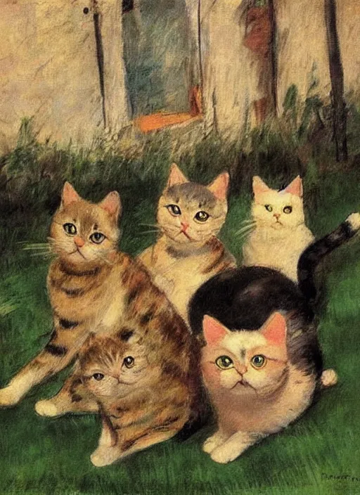 Prompt: vintage beautiful painting of cats on a village street in Mary Cassatt style