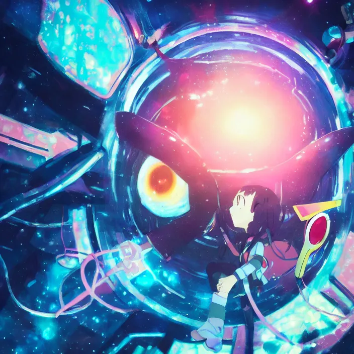 Image similar to close up of mamimi samejima from flcl, psychedelic background, epcot, inside a space station, eye of providence, female anime character, Ruan Jia, giygas