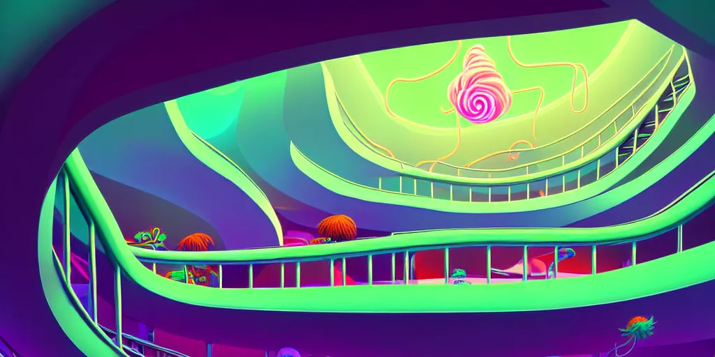 Prompt: minimalistic extreme wide angle curved perspective digital art of sss chubby cotton candy indoor casino, one staircase, with curly plants by anton fadeev, horton hears a who, smoke, neon lights