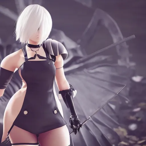 Prompt: 2B from Nier Automata wearing short clothes, art station, trending, editor’s pickup, cinematic lighting, 4k,