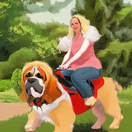 Prompt: digital art of a woman riding a giant saint Bernard in the park,