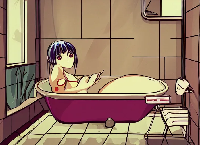 Prompt: girl in bathtub, bathroom, boring, anime, 1 9 9 0 s, retro style, aesthetic, chill, room