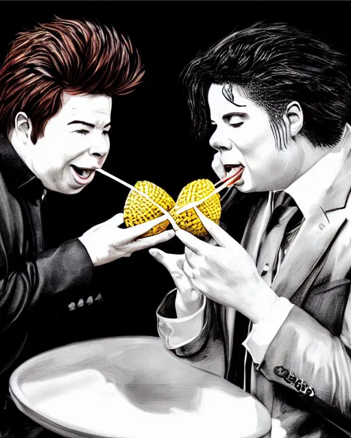 Image similar to Michael Mcintyre & white Michael Jackson eating pineapples in a nightclub,real life skin, intricate, elegant, highly detailed, artstation, concept art, smooth, sharp focus, photo