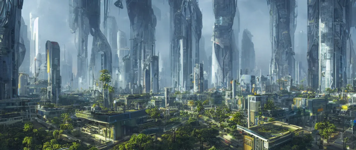 Prompt: a wide shot of a hi-tech sci-fi solarpunk city, with skyscrapers, bridges, trees, plants, beautiful, stunning, serene, volumetric light, volumetric clouds, photography, color, intricate, extremely detailed, photorealistic, unreal engine 5