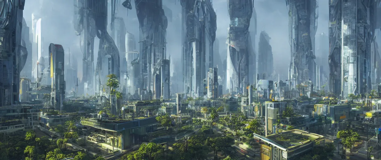 a wide shot of a hi-tech sci-fi solarpunk city, with | Stable 