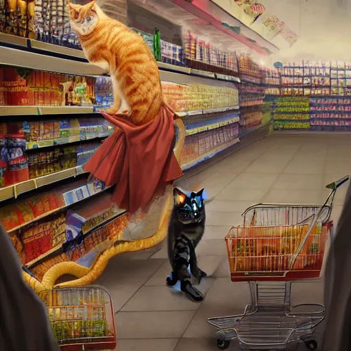 Image similar to digital painting of a super market grocery shopping elegant but deadly anthropomorphic cats with snake featured hybrid, by Greg Rutkowski, magic the gathering concept art, trending on artstation, 4k resolution, ((in a super market Costco))