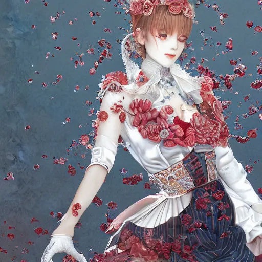 Image similar to the portrait of an absurdly beautiful, graceful, elegant, sophisticated, fashionable young gravure idol made of strawberries and white petals, an ultrafine hyperdetailed illustration by kim jung gi, irakli nadar, intricate linework, bright colors, octopath traveler, final fantasy, unreal engine 5 highly rendered, global illumination, radiant light, detailed and intricate environment