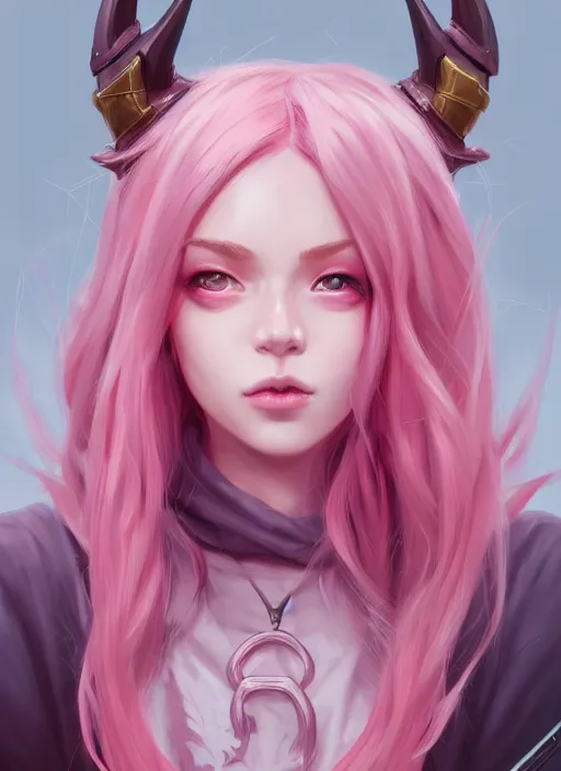 Image similar to a highly detailed illustration of cute smug pink haired pale girl with horns wearing oversized pink hoodie, dramatic smirk pose, intricate, elegant, highly detailed, centered, digital painting, artstation, concept art, smooth, sharp focus, league of legends concept art, wlop.