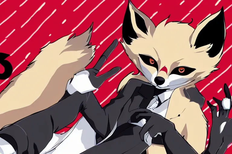 Image similar to a furry tan male fox on a persona 5 : royal ( by atlus ) video game splash screen, a furry male sandcolored tan fox fursona ( has hair ), persona 5 phantom thief style