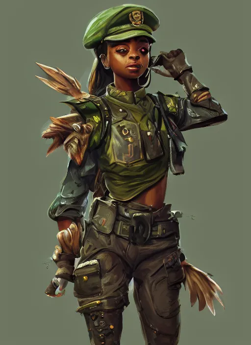 Prompt: a highly detailed illustration of skai jackson wearing tattered military uniform and green officer cap with giant wolf next to her, dramatic standing pose, intricate, elegant, highly detailed, centered, digital painting, artstation, concept art, smooth, sharp focus, league of legends concept art, wlop