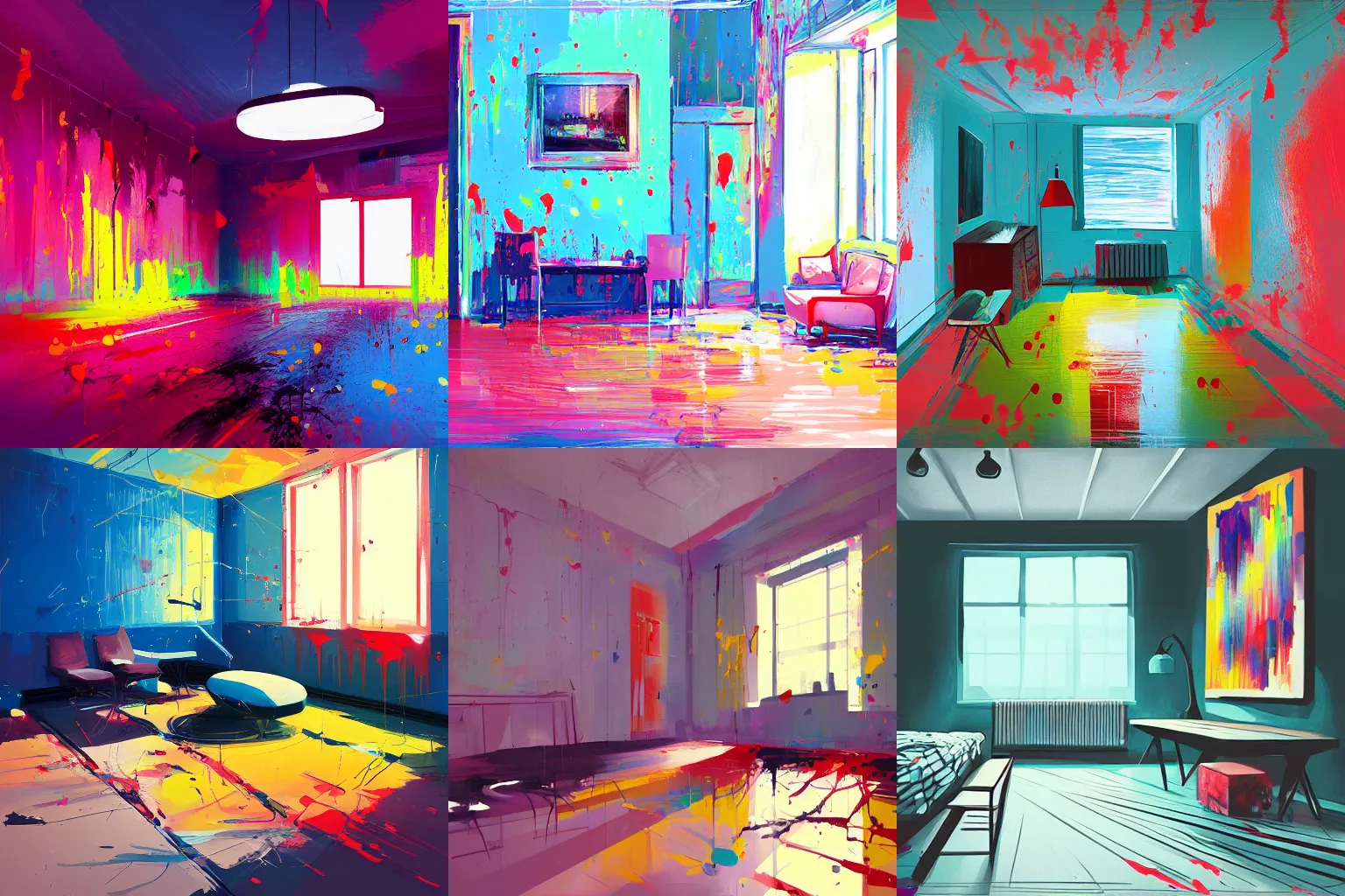 Prompt: painting of a room, splatterpaint, diagonal strokes, by alena aenami, trending no artstation
