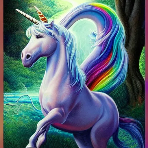 Image similar to A stunningly beautiful mystical unicorn :: hyperdetailed :: hyper realistic :: art by Walt Disney :: in the style of Fantasy Art