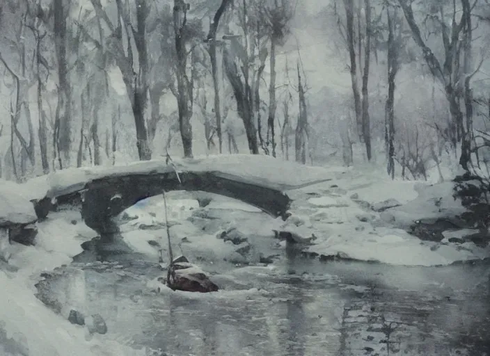 Prompt: watercolor winter landscape, glistering, high detailed art by dennis miller bunker, work by anders zorn, wonderful masterpiece by greg rutkowski, beautiful cinematic light, american romanticism by greg manchess, creation by tyler edlin