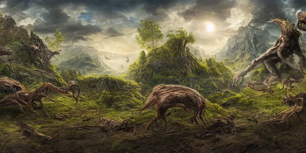 Image similar to landscape image with various different alien animals, extremely detailed digital matte painting