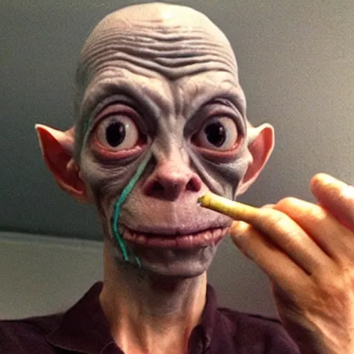 Image similar to Gollum smokes cigarette selfie