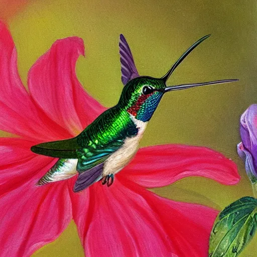 Prompt: closeup detailed painting of iridescent hummingbird sipping nectar from red flower arthur hughes