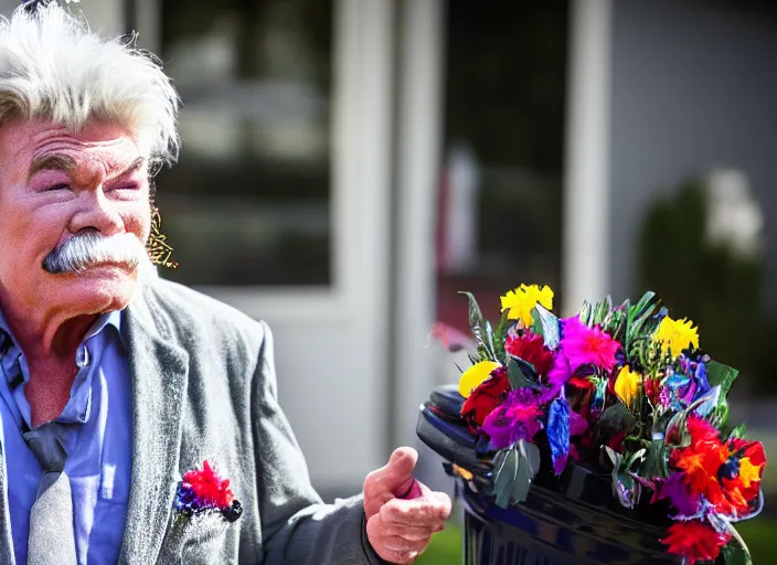 Image similar to photo still of rip taylor at a funeral service outside!!!!!!!! at age 5 4 years old 5 4 years of age!!!!!!! throwing confetti from a bucket, 8 k, 8 5 mm f 1. 8, studio lighting, rim light, right side key light
