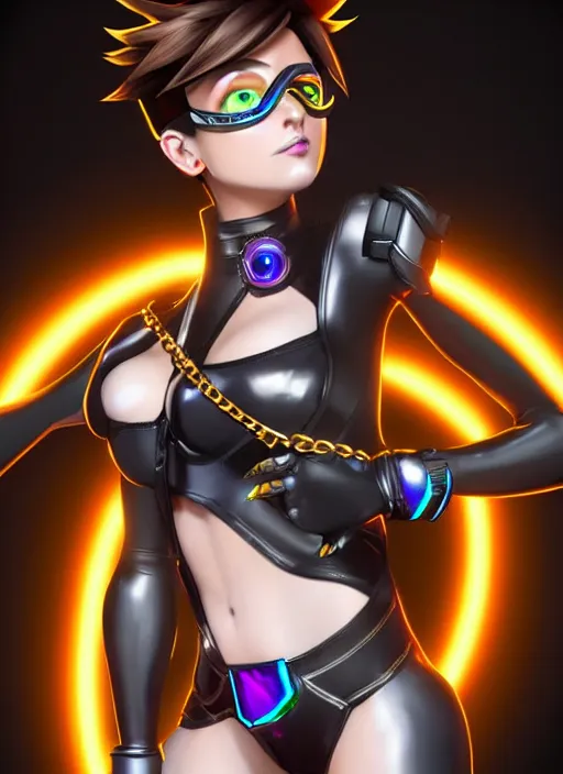 Prompt: full body digital artwork of tracer overwatch, wearing black iridescent rainbow latex bra, 4 k, expressive happy smug expression, makeup, in style of mark arian, wearing detailed black leather collar, wearing chains, black leather harness, detailed face and eyes,