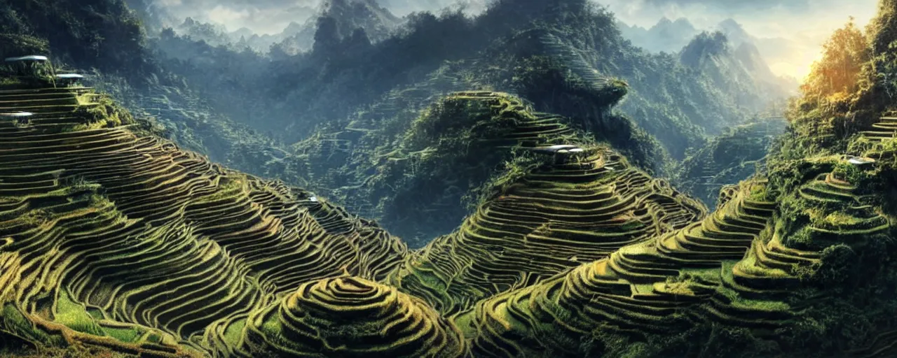 Image similar to an intricate concept art of sci - fi megastructures in rice terraces in the mountains, artstation, photorealistic movie still, sci - fi, hyper realistic, concept art, art by dylan cole, feng zhu, artgerm, greg rutkowski, cinematic lighting, octane render