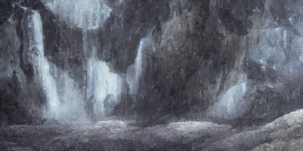 Prompt: A waterfall on the moon, cinematic lighting, detailed oil painting, hyperrealistic, 8k