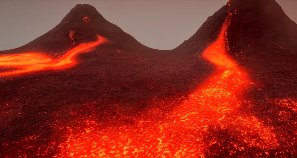 Image similar to volcano with glowing orange lava rolling down the side of it, low lighting, unreal engine 5 octane render