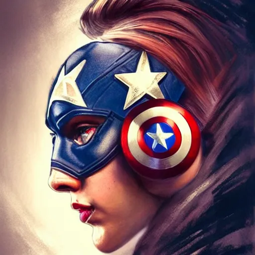 Image similar to captain america played by by scarlett johansson wearing atompunk outfit, face portrait, hd shot, digital portrait, elegant, beautiful, fantasy art, artstation, comic style, by artgerm, guy denning, jakub rozalski, magali villeneuve and charlie bowater