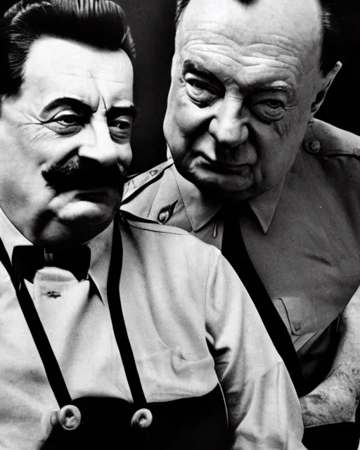 Prompt: 35mm macro photograph of Stalin and Churchill, flirting expression, wearing a camisole, vibrant high contrast, octane, arney freytag, Fashion photo shoot,, glamorous, tattoos,shot in the photo studio, backlit, rim lighting, 8k