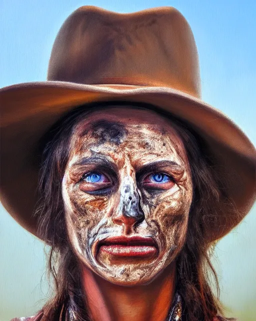 Prompt: oil painting portrait of cowgirl with half of her face burned and one blind eye, high production value, intricate details, high resolution, hdr, high definition, masterpiece, realistic, ultrarealistic, highly detailed, hd, sharp focus, non blurry, sharp, smooth