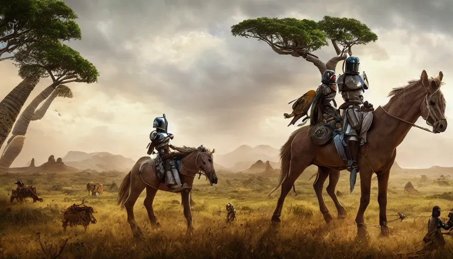 Image similar to mandalorian riding a horse, madagascar with baobabs trees in the background, action scene, an epic fantasy, artgerm and greg rutkowski and alphonse mucha, an epic fantasy, volumetric light, detailed, establishing shot, an epic fantasy, cinematic, photorealistic, ultrarealistic, trending on art station, octane render, midsommar