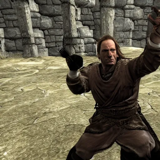 Image similar to saul goodman in helgen detained by imperial soldiers, tamriel, elder scrolls, skyrim, alduin, npc, raggy business suit, highly detailed