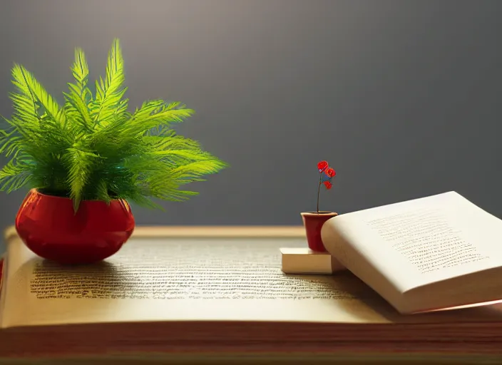 Image similar to a small miniature of a red Datsun 1200 on a white table near a book and a vase with a plant, 3d render, octane render, unreal engine 5, path tracing, serene landscape, calm, relaxing, beautiful landscape, highly detailed, high quality, 4k, symmetrical, low contrast