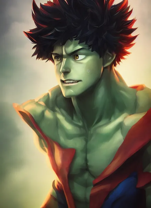 Image similar to An epic fantasy comic book style portrait painting of Midoriya Izuku, Dark Deku, Unreal 5, DAZ, hyperrealistic, octane render, cosplay, RPG portrait, dynamic lighting