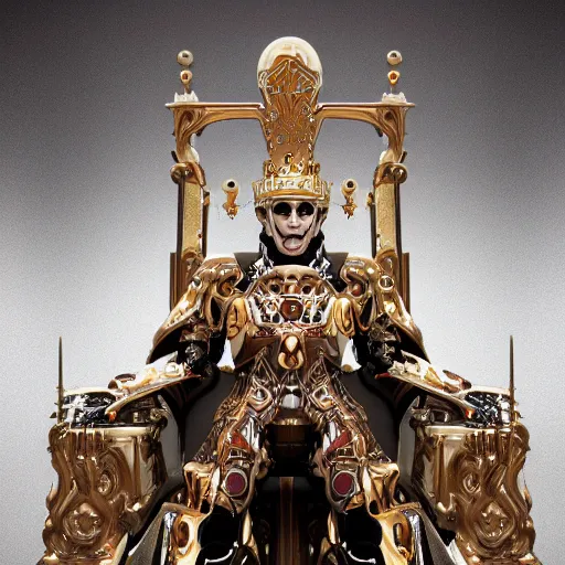 Image similar to Majestic picture of a humanoid robot wearing a kings robe, sitting on a throne, artstation