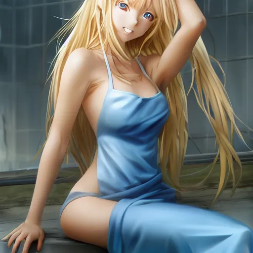 Image similar to a very beautiful young anime girl with 2 0 meters long blond hair, full body, long wavy 2 0 meters long blond hair, sky blue eyes, full round face,, bikini, miniskirt, front shot, sitting in a dark prison cell, highly detailed, cinematic wallpaper by stanley artgerm lau