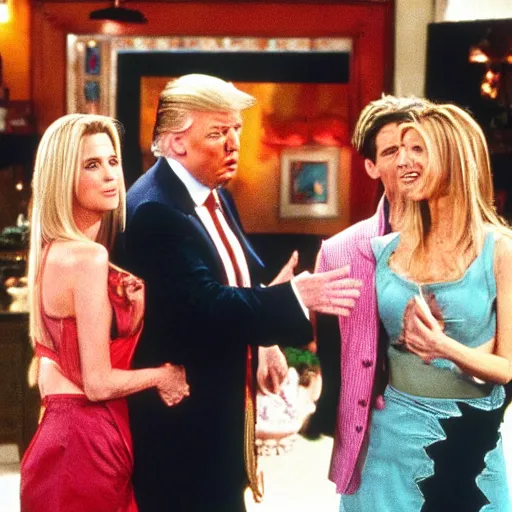 Prompt: donald trump has a guest role in friends, movie still, nineties, comedy, laughing