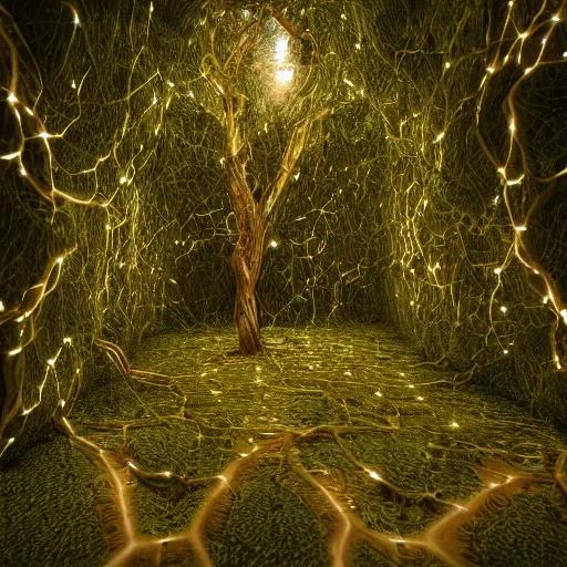 Prompt: sacred ficus carica roots leaching through automated cybernetic mazes of overgrown LEDS suspended in webbed polarity, trending in Artstation, intricate detail, dusk setting, dynamic lighting, photo realistic, 4k, hdr render, octane