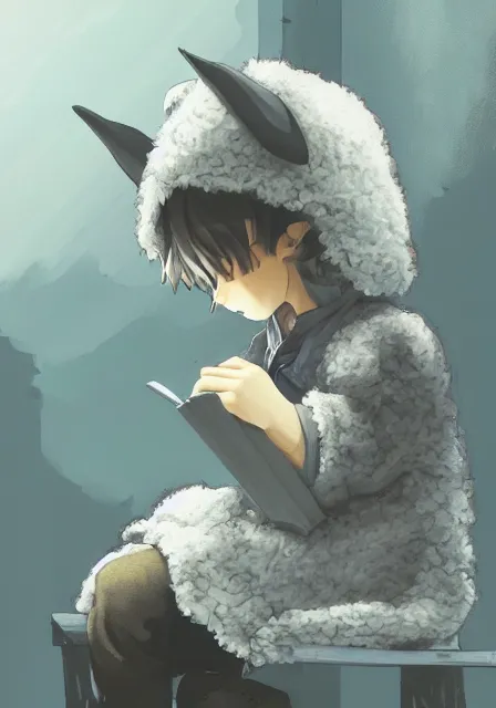 Prompt: beautiful little boy wearing sheep suit reading a book while sitting on chair, gray, blue, green and brown pallet color. made in abyss art style, inspired in kris from deltarrune, cute detailed artwork, anatomically correct, soft details, ilya kuvshinov, reflection, perfect composition, mobile wallpaper, illumination