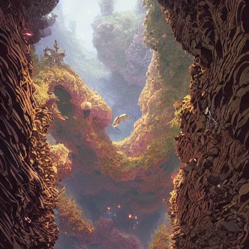 Image similar to quantum cavern walkway sacred fantasy nature photography airbush cinematic by arthur adams, moebius, wlop, james gurney, victo ngai, james christensen, greg rutkowski, john howe