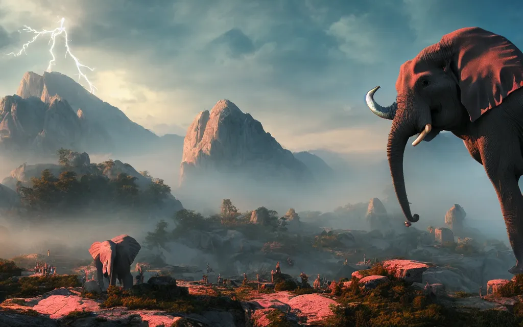 Image similar to a crowd of small blue necromancers summoning a giantic pink antropomorphic cyborg elephant lying on top of a rock, twilight lightning, montains in the background, volumetric fog, realitistic, high contrast, ultra detailed, 8 k render, cycles render engine, volumetric fog