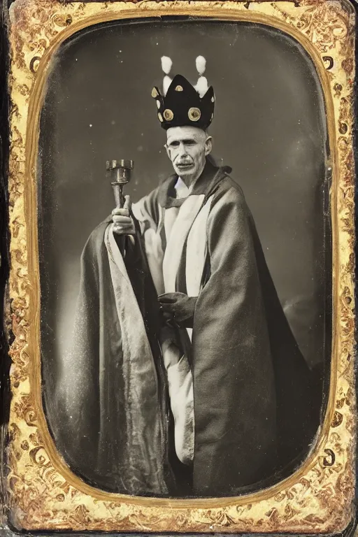 Prompt: a wet plate photo of a ferret priest, wearing a crown, wearing a robe