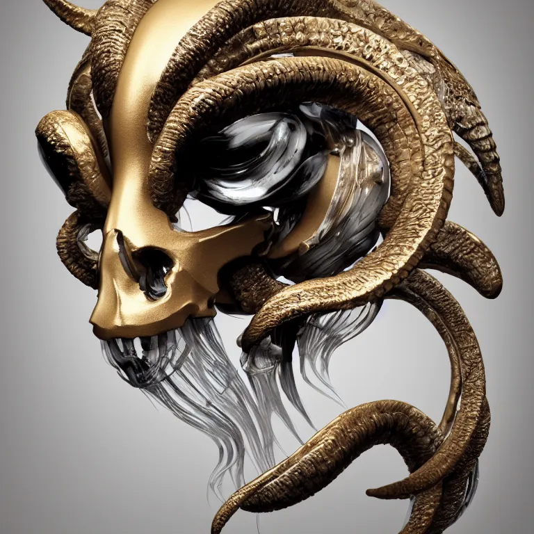 Image similar to goddess princess face close-up portrait ram skull. sculpture made of polished gold and matte obsidian. jellyfish phoenix head, nautilus, orchid, skull, betta fish, bioluminiscent creatures, intricate artwork by Tooth Wu and wlop and beeple. octane render, trending on artstation, greg rutkowski very coherent symmetrical artwork. cinematic, hyper realism, high detail, octane render, 8k