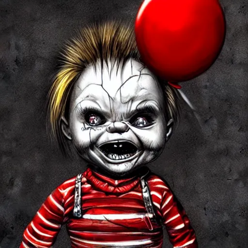 Image similar to surrealism grunge cartoon portrait sketch of chucky with a wide smile and a red balloon by - michael karcz, loony toons style, freddy krueger style, horror theme, detailed, elegant, intricate