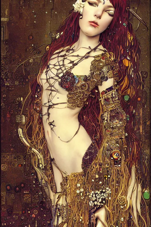 Image similar to beautiful young gothic maiden, cyberpunk, highly detailed, artstation, illustration, art by Gustav Klimt